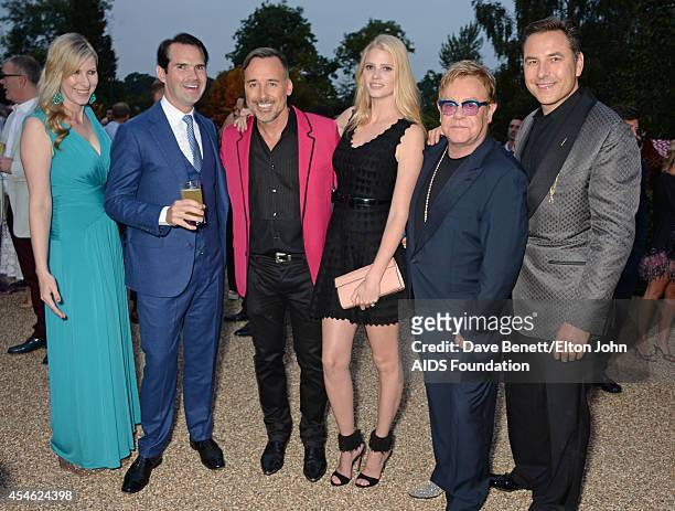 Karoline Copping, Jimmy Carr, David Furnish, Lara Stone, Sir Elton John and David Walliams attend the Woodside End of Summer party to benefit the...