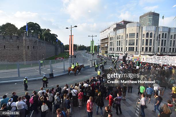 Protestors gather near Cardiff Castle during the NATO Summit on September 4, 2014 in Cardiff, Wales. Leaders and senior ministers from across the...