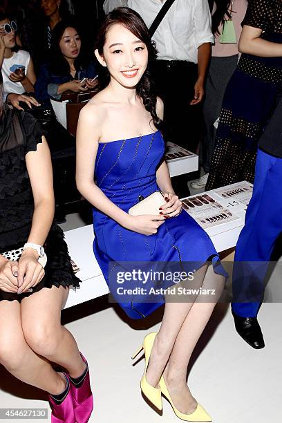 Actress Jiang Mengjie attends the Tadashi Shoji fashion show during Mercedes-Benz Fashion Week Spring 2015 at The Salon at Lincoln Center on...