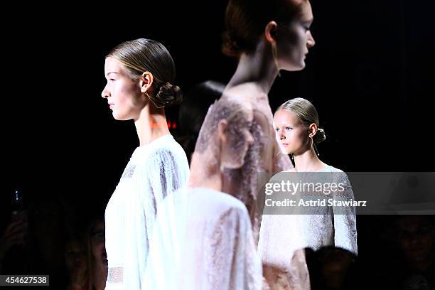 Models walk th runway at the Tadashi Shoji fashion show during Mercedes-Benz Fashion Week Spring 2015 at The Salon at Lincoln Center on September 4,...