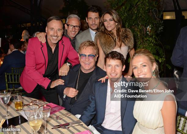 David Furnish, Patrick Cox, David Gandy, Sir Elton John, Elizabeth Hurley, James Blunt and Sofia Wellesley attend the Woodside End of Summer party to...