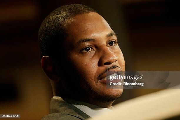 Carmelo Anthony, player for the New York Knicks, speaks at the Bloomberg Sports Business Summit in New York, U.S., on Thursday, Sept. 4, 2014....