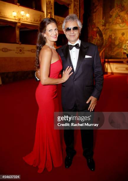 Andrea Bocelli and wife Veronica Bert attend a formal dinner hosted by Stefano Ricci at The Teatro della Pergola during Celebrity Fight Night In...