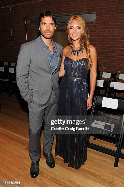 Eduardo Verastegui and Zuleyka Rivera attends the Perry Ellis fashion show during Mercedes-Benz Fashion Week Spring 2015 at The Waterfront on...