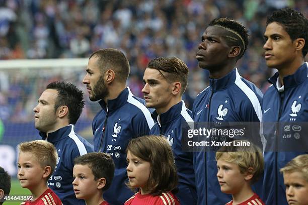 Mathieu Valbuena, Karim Benzema, Antoine Griezmann, Paul Pogba and Raphael Varane of France during the International Friendly match between France...