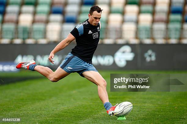 Israel Dagg of the All Blacks takes a kick during the New Zealand All Blacks Captain's Run at McLean Park on September 5, 2014 in Napier, New Zealand.