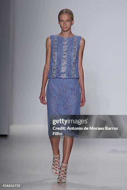 Model walks the runway during the Tadashi Shoji show during Mercedes-Benz Fashion Week Spring 2015 at The Salon at Lincoln Center on September 4,...