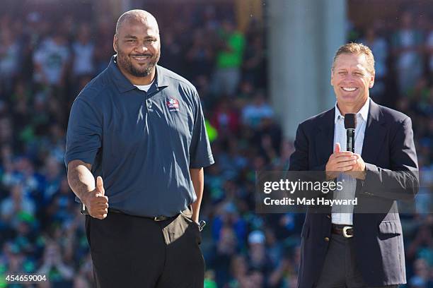 Pro football Hall of Fame former Seattle Seahawks offensive lineman Walter Jones and Hall of Fame receiver Steve Largent on stage for the NFL Kickoff...