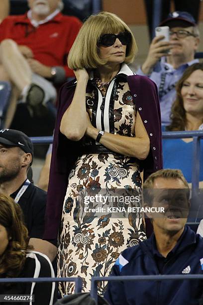 Editor-in-chief of American Vogue Anna Wintour attends the 2014 US Open Men's Singles Quarterfinals match between Roger Federer of Switzerland and...