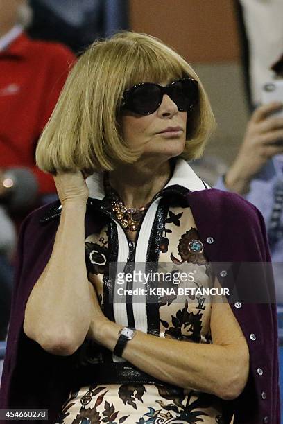Editor-in-chief of American Vogue Anna Wintour attends the 2014 US Open Men's Singles Quarterfinals match between Roger Federer of Switzerland and...