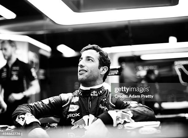 Daniel Ricciardo of Australia and Infiniti Red Bull Racing sits in his car in the team garage during Previews ahead of the F1 Grand Prix of Italy at...