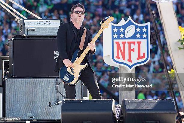 Bassist Ben Shepherd of Soundgarden performs on stage during the NFL Kickoff concert presented by Xbox before the Seattle Seahawks play the Green Bay...