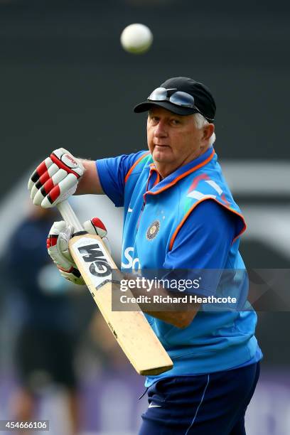 India head coach Duncan Fletcher helps the team warm up before the Royal London One-Day match between England and India at Headingley on September 5,...