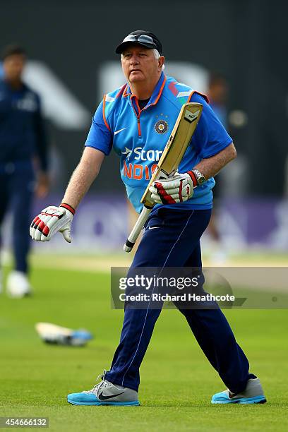 India head coach Duncan Fletcher helps the team warm up before the Royal London One-Day match between England and India at Headingley on September 5,...