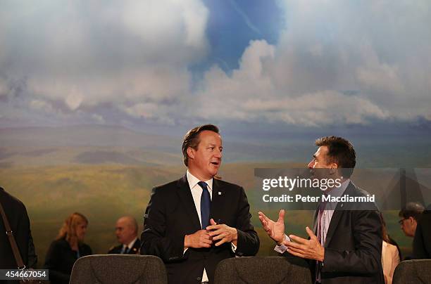 Secretary General Anders Fogh Rasmussen talks with British Prime Minister David Cameron at the NATO Summit on September 5, 2014 in Newport, Wales....