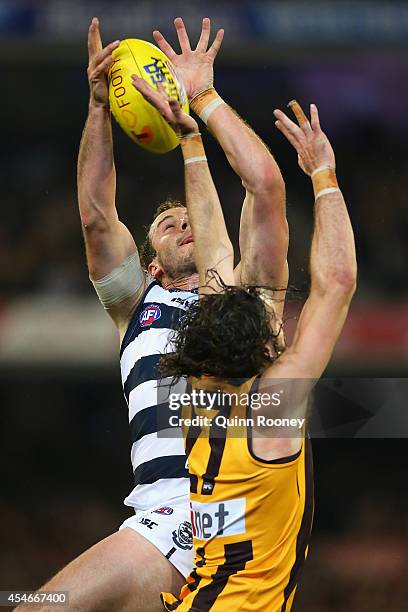 Josh Walker of the Cats attempts to mark over the top of Matt Spangher of the Hawks during the AFL 2nd Qualifying Final match between the Hawthorn...