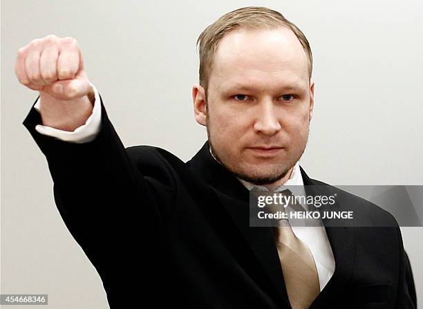 Rightwing extremist Anders Behring Breivik, who killed 77 people in twin attacks in Norway last year, makes a farright salute as he enters the Oslo...