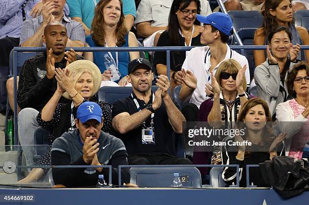 Thierry Henry, Deborra-Lee Furness, her husband Hugh Jackman, Anna Wintour, Mirka Federer attend the match between Roger Federer of Switzerland and...