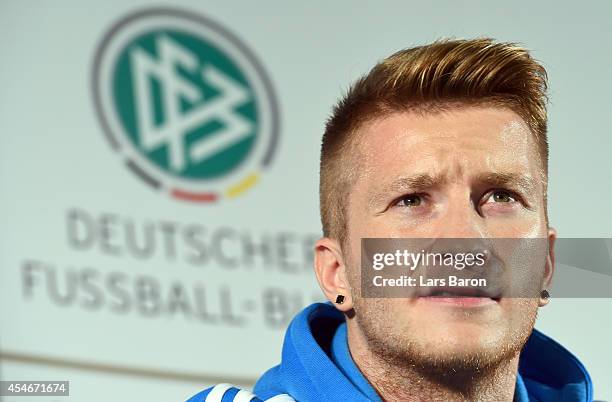 Marco Reus looks on during a Germany press conference at Sportschule Kaiserau on September 5, 2014 in Kamen, Germany.