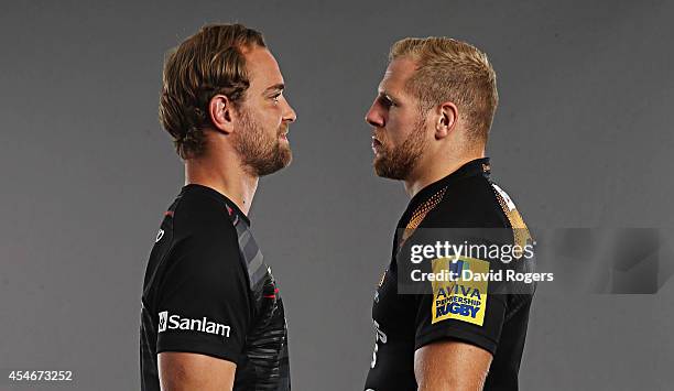 Saracens Captain Alastaor Hargreaves faces Wasps Captain James Haskell at the Aviva Premiership Rugby 2014-2015 Season Launch at Twickenham Stadium...