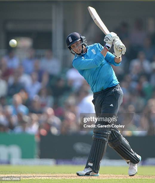 Joe Root of England bats during the 5th Royal London One Day International between England and India at Headingley on September 5, 2014 in Leeds,...