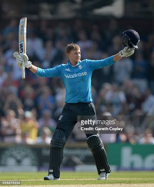 Joe Root of England celebrates reaching his century during the 5th Royal London One Day International between England and India at Headingley on...