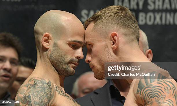 The IBF super-bantamweight world champion Kiko Martinez and number one contender Carl Frampton go head to head as they take part in the weigh in, at...
