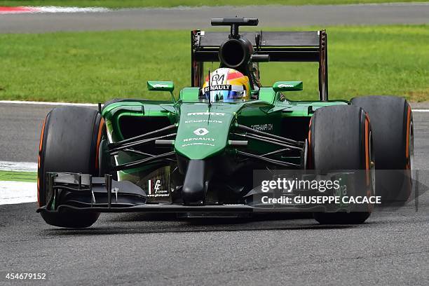 Caterham's Swedish driver Marcus Ericsson steers his car during the second practice session ahead of the Italian Formula One Grand Prix at the...