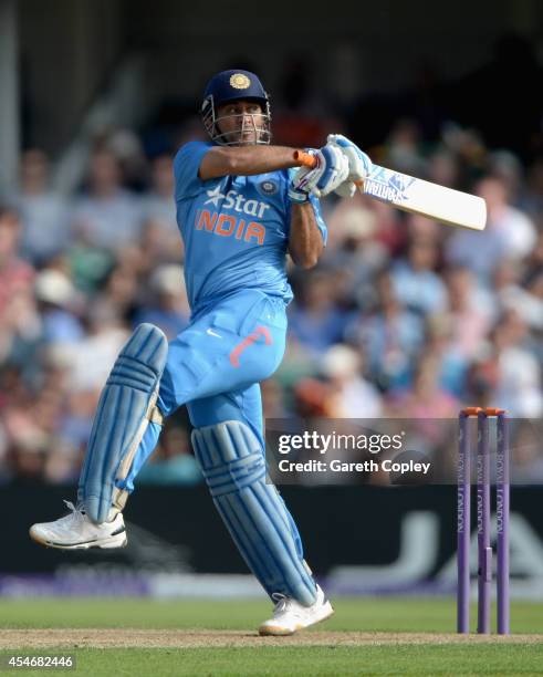 Mahendra Singh Dhoni of India bats during the 5th Royal London One Day International between England and India at Headingley on September 5, 2014 in...