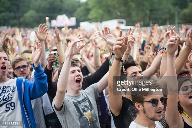 Festival goers enjoying the atmosphere as Lethal Bizzle performs as the secret guest on Day 2 of Bestival at Robin Hill Country Park on September 5,...
