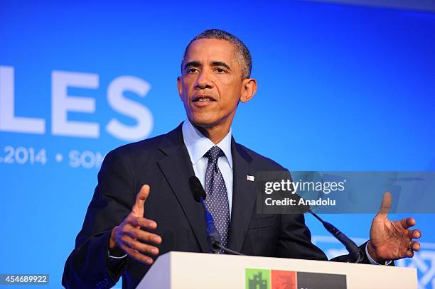 President Barack Obama speaks during a press conference on day two of the 2014 NATO Summit at the Celtic Manor Resort in Newport, Wales, on September...