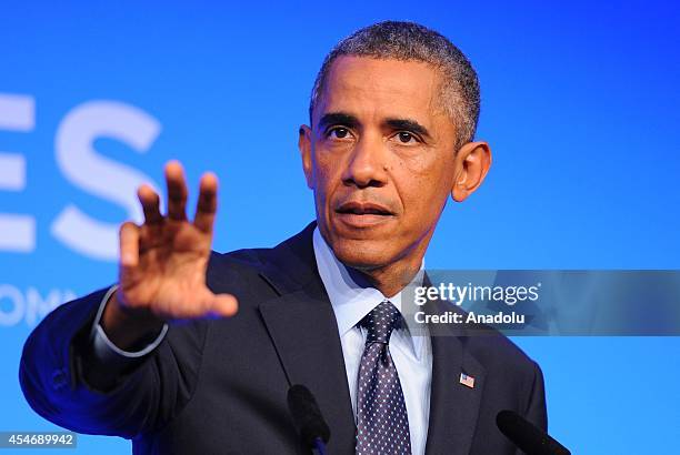 President Barack Obama speaks during a press conference on day two of the 2014 NATO Summit at the Celtic Manor Resort in Newport, Wales, on September...