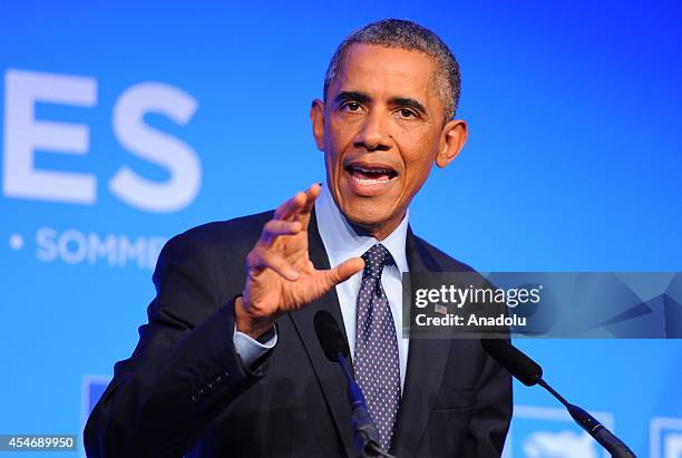 President Barack Obama speaks during a press conference on day two of the 2014 NATO Summit at the Celtic Manor Resort in Newport, Wales, on September...