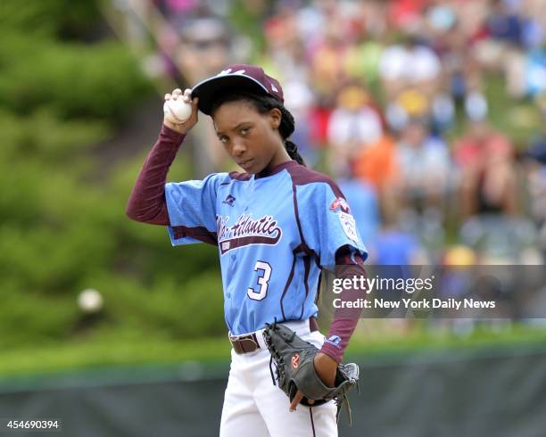 Little League World Series Baseball in Williamsport. Philadelphia Little League female pitcher Mo'ne Davis. Warming up between innings.