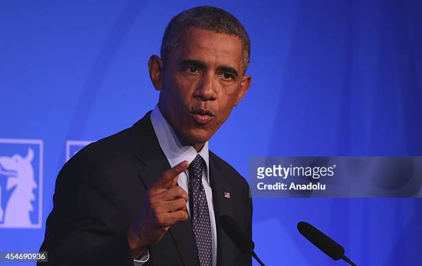 President Barack Obama speaks during a press conference on day two of the 2014 NATO Summit at the Celtic Manor Resort in Newport, Wales, on September...
