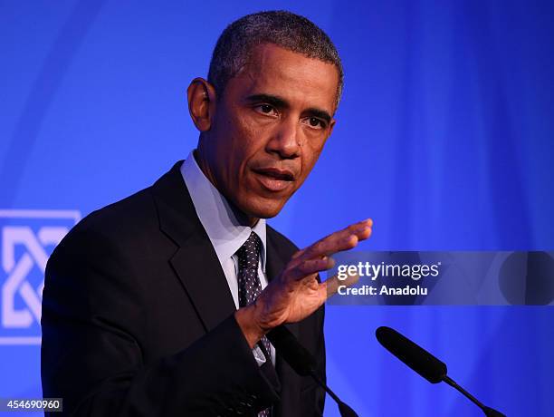 President Barack Obama speaks during a press conference on day two of the 2014 NATO Summit at the Celtic Manor Resort in Newport, Wales, on September...