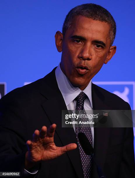 President Barack Obama speaks during a press conference on day two of the 2014 NATO Summit at the Celtic Manor Resort in Newport, Wales, on September...