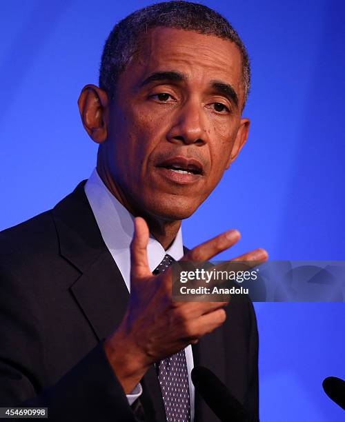 President Barack Obama speaks during a press conference on day two of the 2014 NATO Summit at the Celtic Manor Resort in Newport, Wales, on September...