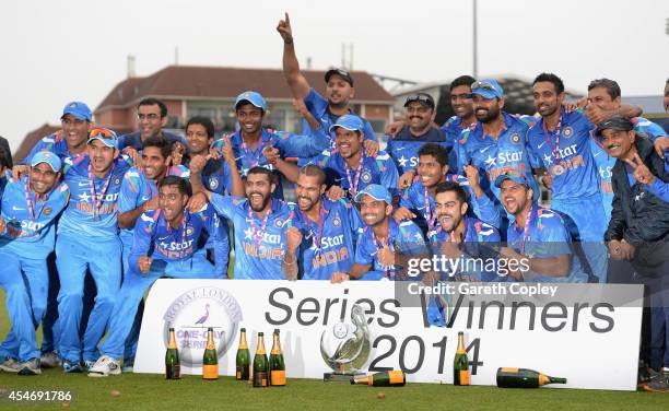 India celebrate after winning the Royal London One Day International series between England and India at Headingley on September 5, 2014 in Leeds,...