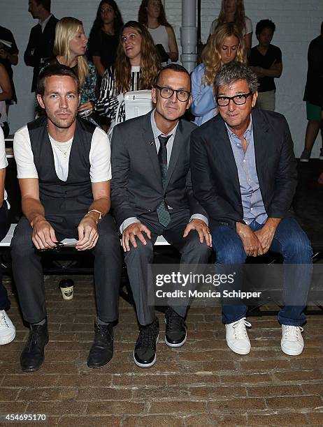 Rag & Bone designer David Neville, CFDA CEO Steven Kolb and CEO of Theory Andrew Rosen attend the Wes Gordon fashion show during Mercedes-Benz...