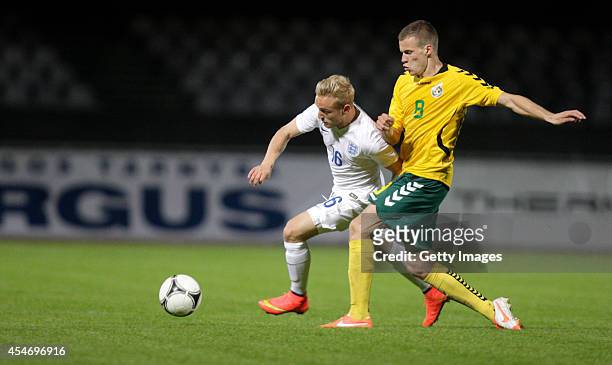 Alex Pritchard of England in action during the Lithuania v England UEFA U21 Championship Qualifier 2015 match at Dariaus ir Gireno Stadionas on...