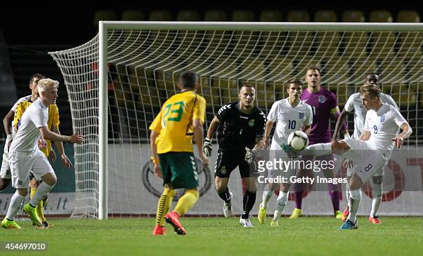 Both goalkeepers stand in one goal as the end of the match nears during the Lithuania v England UEFA U21 Championship Qualifier 2015 match at Dariaus...