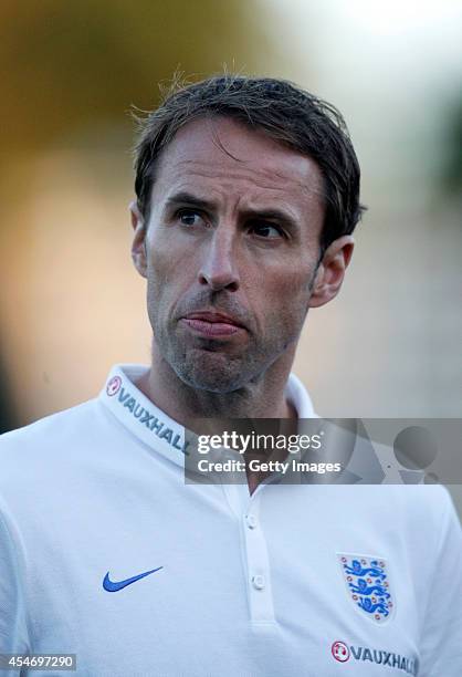 Manager Gareth Southgate of England looks on during the Lithuania v England UEFA U21 Championship Qualifier 2015 match at Dariaus ir Gireno Stadionas...