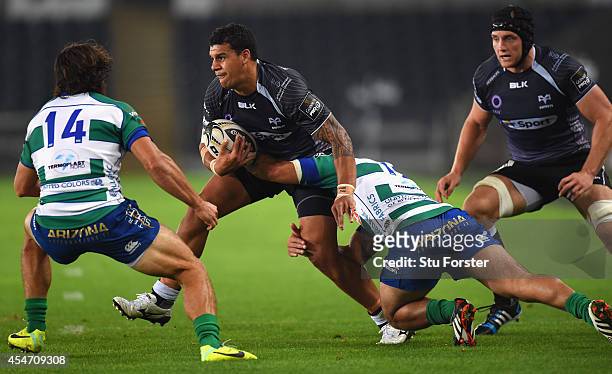 Ospreys centre Josh Matavesi in action during the Guinness Pro 12 match between Ospreys and Benetton Rugby Treviso at Liberty Stadium on September 5,...