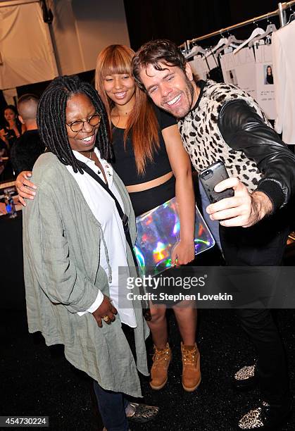 Whoopi Goldberg, Jerzey Dean and Perez Hilton pose backstage at the August Getty fashion show during Mercedes-Benz Fashion Week Spring 2015 at The...