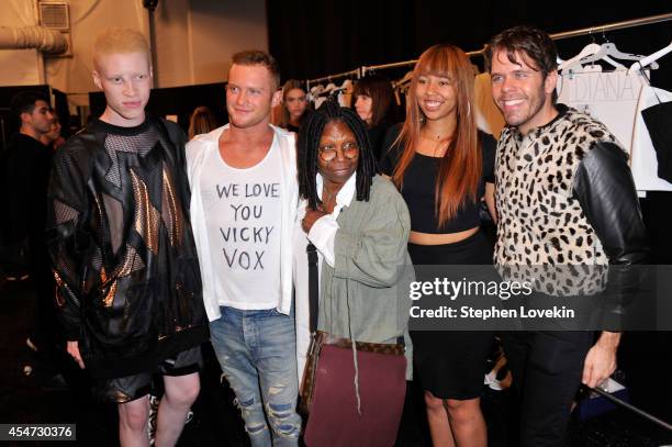 Shaun Ross, August Getty, Whoopi Goldberg, Jerzey Dean and Perez Hilton pose backstage at the August Getty fashion show during Mercedes-Benz Fashion...