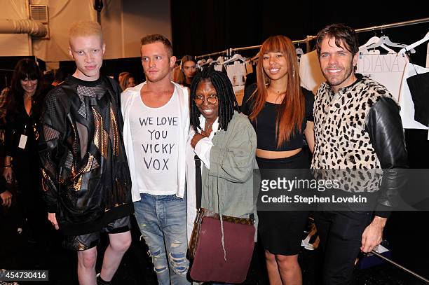 Shaun Ross, August Getty, Whoopi Goldberg, Jerzey Dean and Perez Hilton pose backstage at the August Getty fashion show during Mercedes-Benz Fashion...