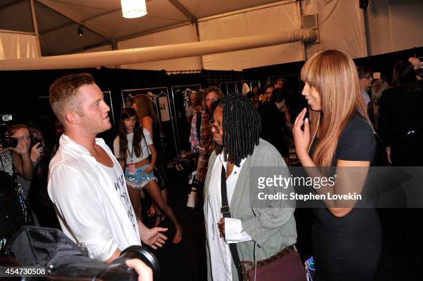Designer August Getty, Whoopi Goldberg and Jerzey Dean pose backstage at the August Getty fashion show during Mercedes-Benz Fashion Week Spring 2015...