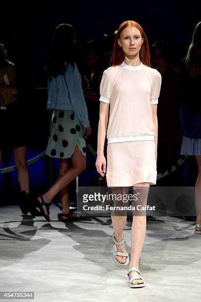 Model poses on the runway at the Charlotte Ronson fashion show during Mercedes-Benz Fashion Week Spring 2015 at The Pavilion at Lincoln Center on...