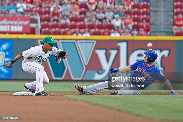 David Wright of the New York Mets safely slides under the throw to Ramon Santiago of the Cincinnati Reds during the first inning at Great American...